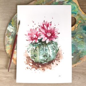 Lámina con reproducción de cactus redondo flor en acuarela por Azahar Giner