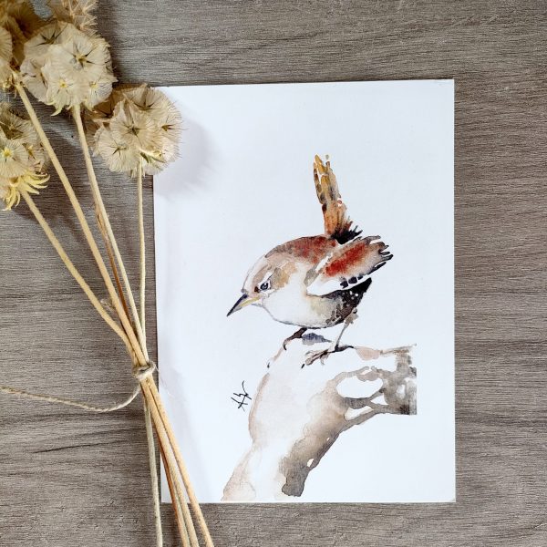Postal con impresión de ilustración en acuarela de pájaro Chochín común por Azahar Giner