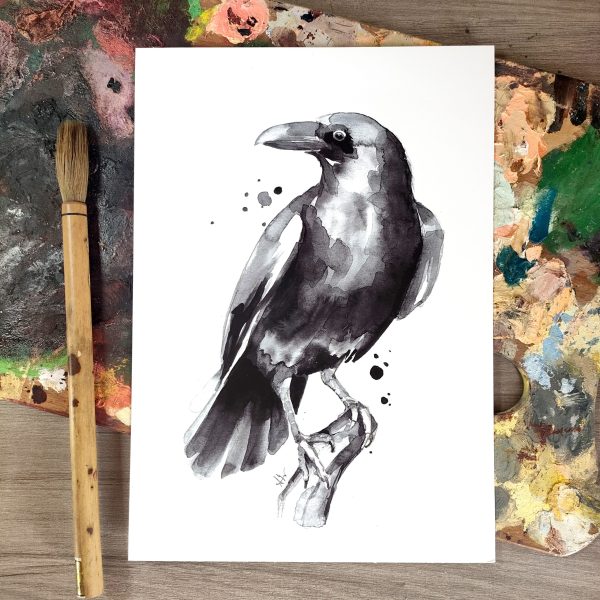 Lámina con impresión de ilustración en acuarela de cuervo posado por Azahar Giner