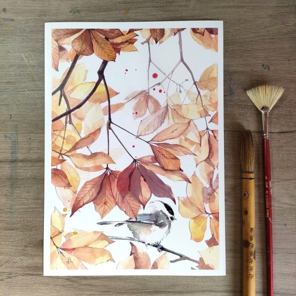 Lámina con impresión de ilustración en acuarela de pájaro entre hojas por Azahar Giner