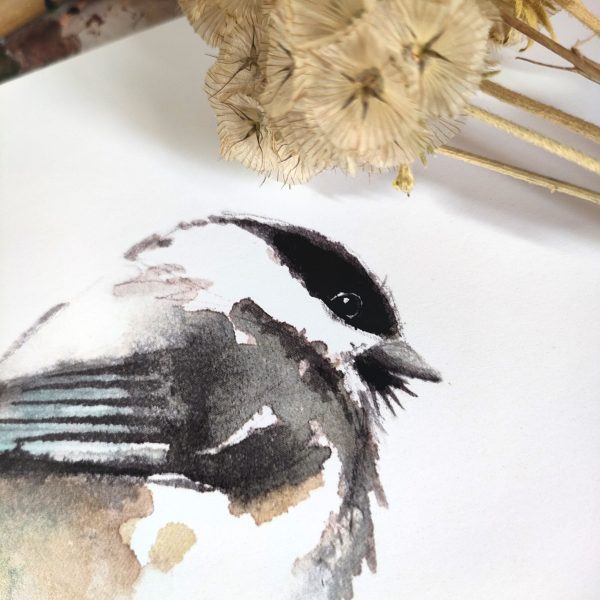 Lámina con impresión de ilustración en acuarela de pájaro Herrerillo carbonero por Azahar Giner