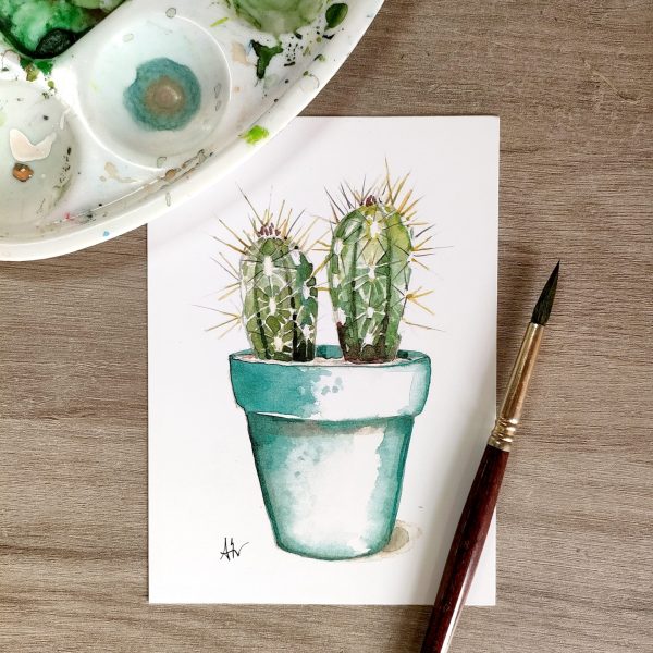 Postal con impresión de ilustración en acuarela de dos cactus en maceta celeste por Azahar Giner