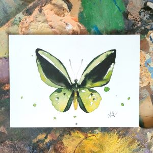 Postal Mariposa verde. Impresión de alta calidad en tamaño DIN A6, 10,5 × 14,8 cm. Papel de 300 gr, mate. Diseño en acuarela por Azahar Giner